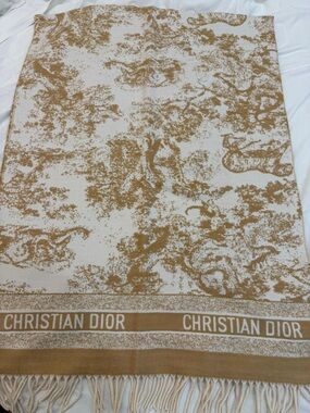 Dior Cream and Tan Toile Fringe Throw Blanket